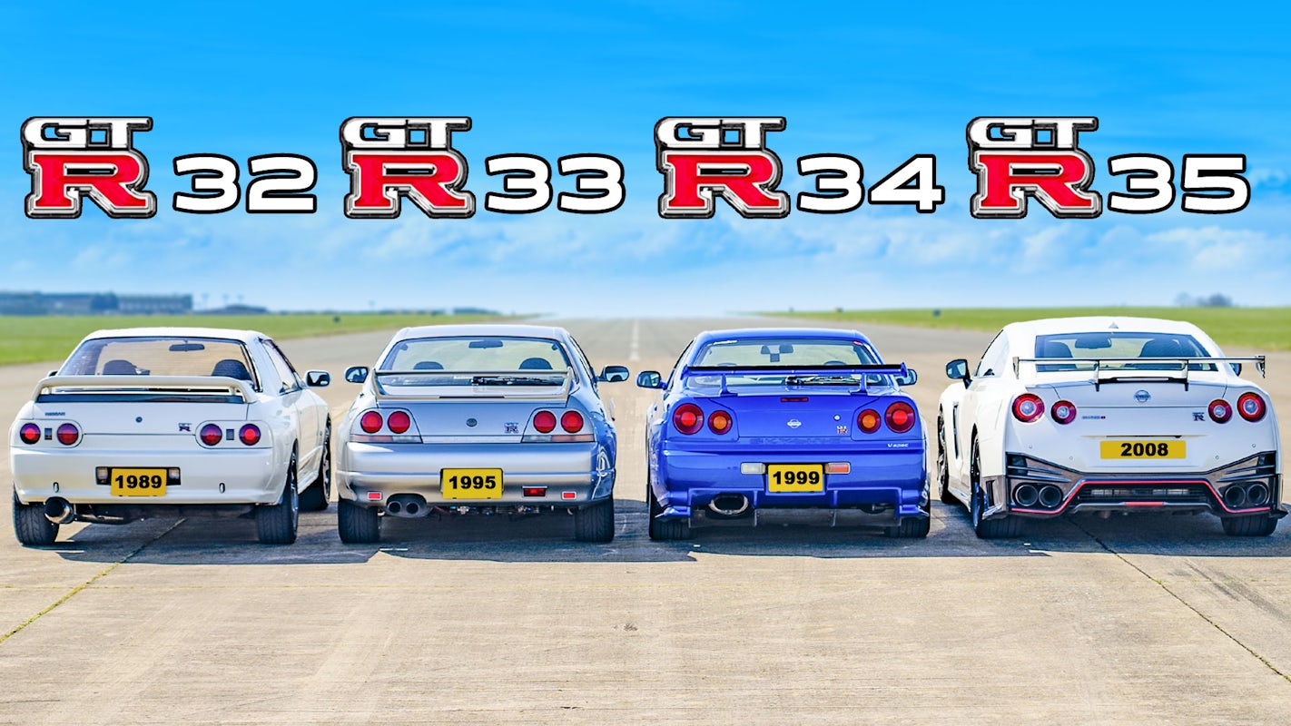Drag race: Nissan Skyline GT-R R32 vs R33 vs R34 vs Nismo GT-R R35 | carwow
